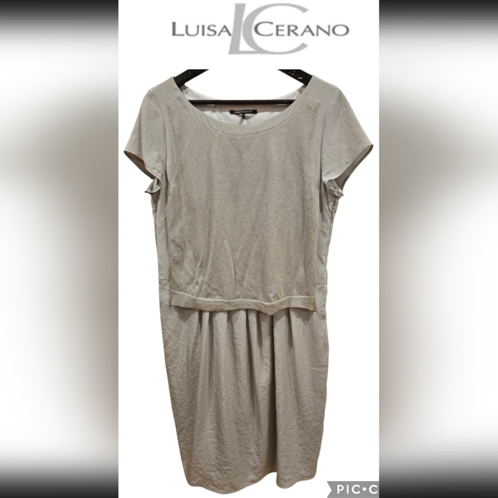 Luisa Cerano Beige Bi Materiel Short Sleeve Dress Sz 10 Us